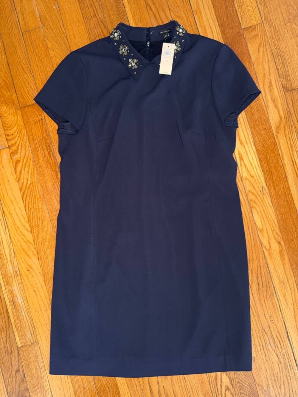 NWT Ann Taylor Navy blue Embellished-Collar Mini shift Dress size 12 $179